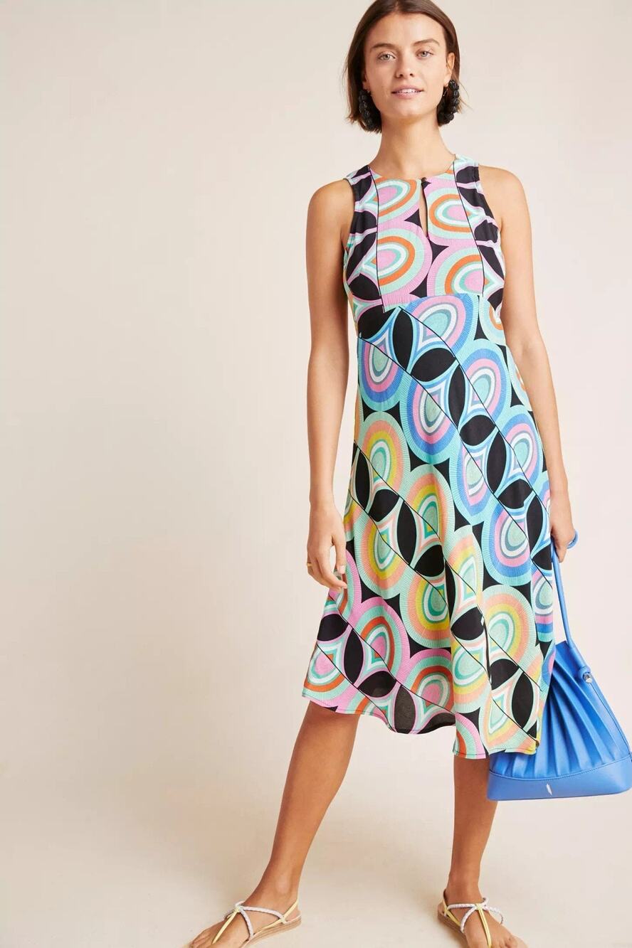 Anthropologie Kenzie Asymmetrical Blue Pink Midi Dress New US 10 Mod